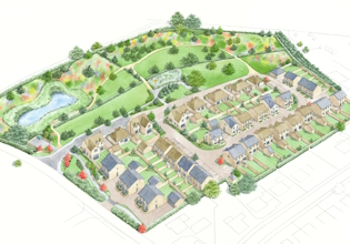 An aerial view of a small estate. More realistic than an architect's drawing.