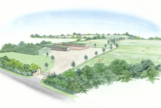 A stud farm in the countryside. The stables are set back from the road.