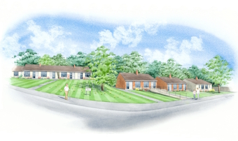 And finally, a wide sweeping view of some houses with digital enchancements of people walking by and trees in the background.